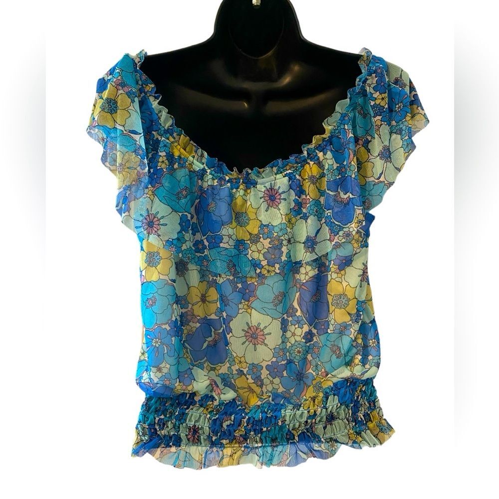 New Boho chic blue floral crop top | Bohemian off the shoulder juniors top Small - Picture 4 of 9